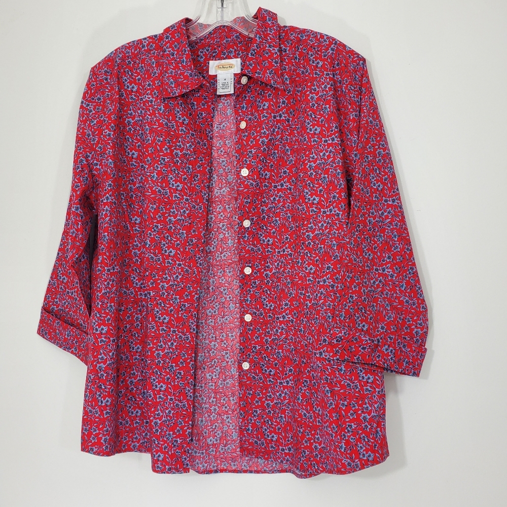 Talbots Red Floral 100% Cotton Buttonfront Blouse, Size Medium